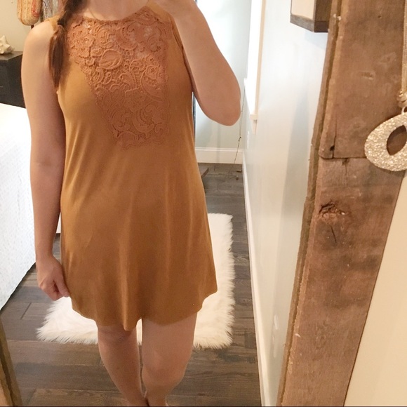 Xhilaration medium velvet mustard lacy Fall dress - Picture 1 of 3